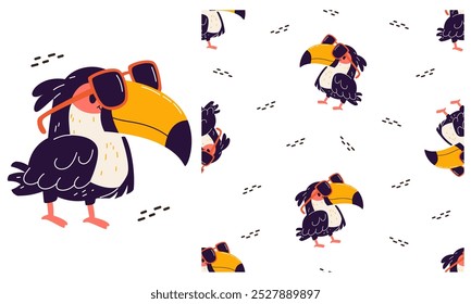 Colección de impresiones de Vector para imprimir en productos infantiles. Lindo tucán con gafas de sol. Patrón de Vector sin costuras 