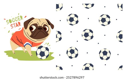 Recolha de impressões vetoriais para impressão em produtos para crianças. Pug bonito no uniforme de futebol jogando futebol. Padrão de vetor perfeito com bolas de futebol