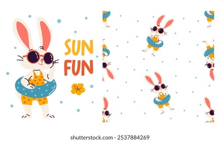 Collection of vector prints for printing on children's products. Cute bunny in inflatable circle, sunglasses and swimsuit. Seamless vector pattern, lettering 