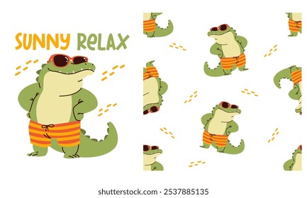 Collection of vector prints for printing on children's products. Cute crocodile wearing sunglasses and beach shorts. Seamless vector pattern, lettering 