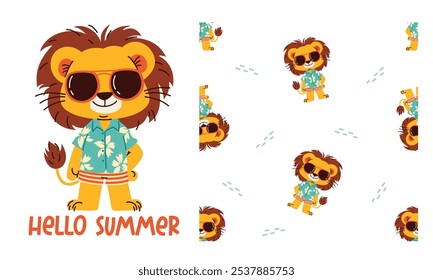 Recolha de impressões vetoriais para impressão em produtos para crianças. Leão bonito na camisa de verão e óculos de sol no fundo branco. Padrão de vetor contínuo, letras 