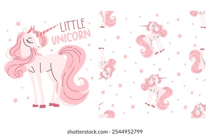 Collection of vector prints for printing on children's products. Cute magical pink unicorn and lettering on white background. Seamless vector pattern