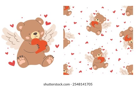 Collection of vector prints for printing on children's products.  Cute cupid bear with wings, hearts. Seamless vector pattern