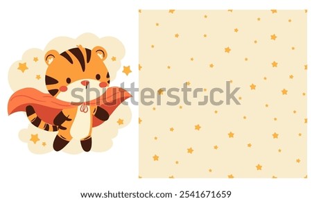Collection of vector prints for printing on children's products. Cute tiger cub in superhero cape, clouds and stars on white background. Seamless vector pattern