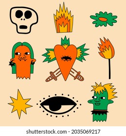 collection of vector psychedelic stickers for Halloween - zombie, witch, fire, heart, eye, face.Modern magic and mysticism.Punk rock tattoo in the style of the 70s.Hand drawn style