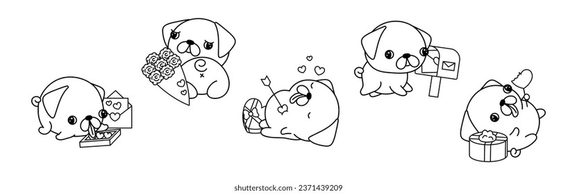 Colección de dibujo de dibujo de perro de pug vectorial. Conjunto de ilustraciones de página de color de cachorro aislado. Animales con vectores pequeños enamorados del libro de colorear 