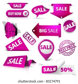 Collection of vector purple sale tickets, labels, stamps, stickers, corners, tags on white background