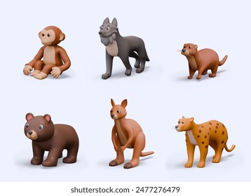 Colección de animales realistas de Vector. Mono, lobo, nutria, oso, canguro, chita