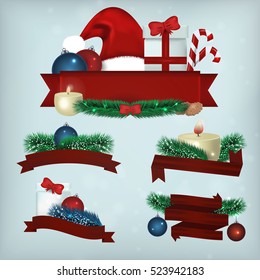 Collection of vector realistic banners with Christmas tree branches and balls. Ribbons for greeting cards, decoration and posters.