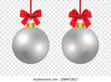 Collection of vector realistic silver Christmas balls with red satin bows on a transparent background. Xmas decoration