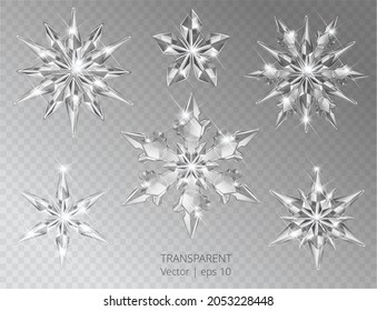 Collection of vector realistic transparent Christmas snowflake decoration on a light abstract background. Glass sparkling translucent crystals