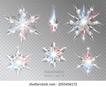 Collection of vector realistic transparent Christmas snowflake decoration on a light abstract background. Glass sparkling translucent crystals