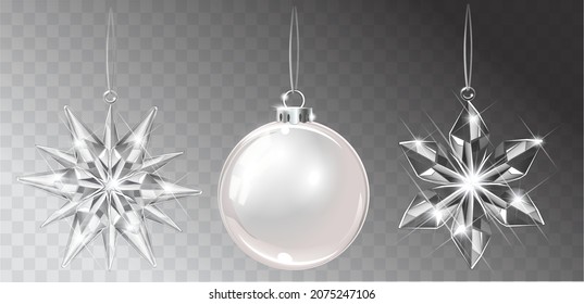 Collection of vector realistic transparent Christmas balls on a light abstract background. Christmas decoration.  Glass sphere and sparkling translucent crystals.
