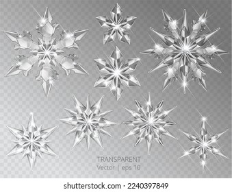 Collection of vector realistic transparent Christmas snowflake decoration on a light abstract background. Glass sparkling translucent crystals