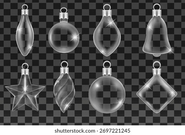 Collection of vector realistic transparent Christmas balls and glass globe on a light  background. Christmas decoration. Glass sphere