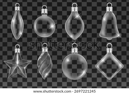 Collection of vector realistic transparent Christmas balls and glass globe on a light  background. Christmas decoration. Glass sphere