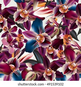A collection of vector realistic tropical orchid flowers for design