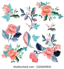 Collection of vector realistic watercolor roses for design