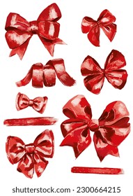 A collection of vector red bows and ribbons drawn by hand