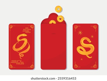 Collection of vector red envelopes with snake image. Symbol of Chinese New Year 2025. Symbol of prosperity and good luck.