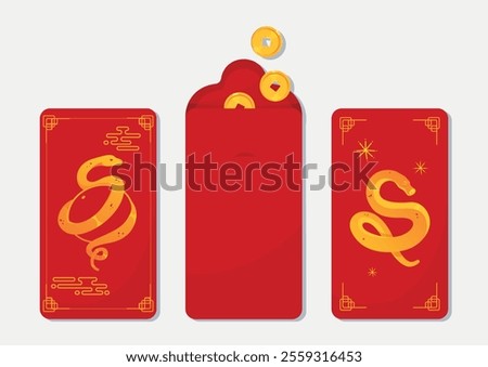 Collection of vector red envelopes with snake image. Symbol of Chinese New Year 2025. Symbol of prosperity and good luck.