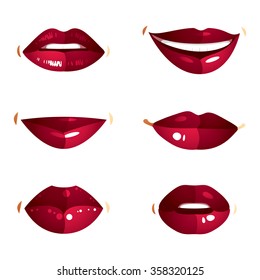Collection of vector red female lips with makeup, different emotions of ladies. Simple beautiful female open and close up lips and mouth.