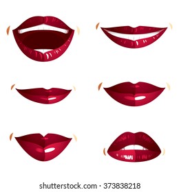Collection of vector red female lips with makeup, different emotions of ladies. Simple beautiful female open and close up lips and mouth.