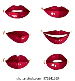 Collection of vector red female lips with makeup, different emotions of ladies. Simple beautiful female open and close up lips and mouth.
