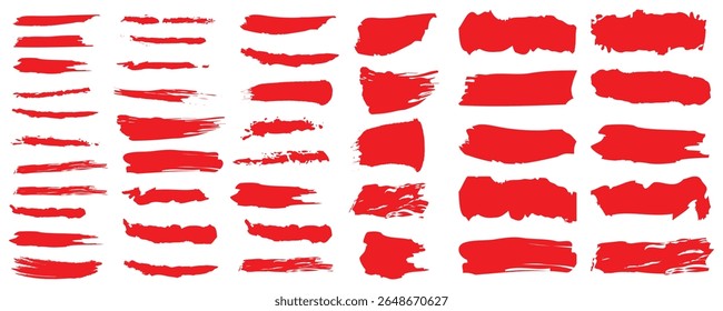 Collection of vector red paint tube, paintbrush and brush strokes. Grunge design elements. Painted ink stripes. Creative isolated spots. Vector illustration. Isolated on white background.