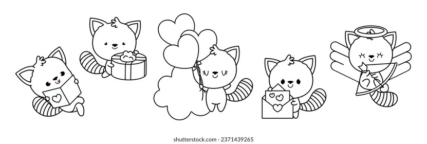 Collection of Vector Red Panda Outline Art. Set of Isolated Animal Coloring Page Illustration. Cute Vector Animals in Love for Coloring Book 