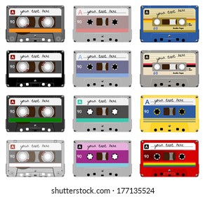 Collection of vector retro audio cassettes. Set of different colorful music tapes. Isolated on white background. Vector art eps10