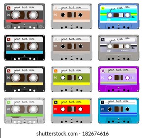 Collection of vector retro audio cassettes. Set of different colorful music tapes. Isolated on white background. Vector art eps10 