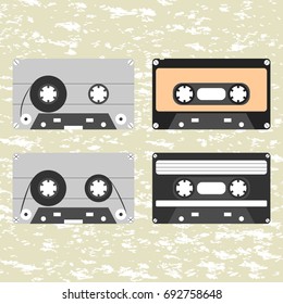 Collection of vector retro audio cassettes. 80s style. Illustration on grunge background.