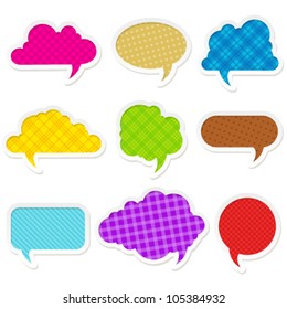 Collection of vector retro colored paper speech bubbles with fabric designs. Image contains transparency in shadows and fabric designs and can be placed on every surface, 10 EPS
