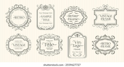 A collection of vector retro-inspired, ornate vintage frames in black on a cream background. Ideal for invitations, logos, packaging, and branding designs. Classic style, timeless appeal.