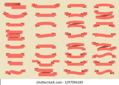 Collection Vector Ribbon Banners in flat design. Ribbon Banners in coral color. Eps10
