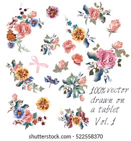 Collection of vector rose flowers painted in watercolor style. Set 1