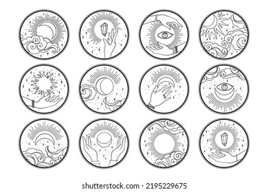 Collection of vector round icons with abstract hands, clouds, sun, moon and stars isolated on white background. Set of mysterious signs for social media stories, logo or emblem