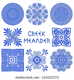 Collection of vector round, square ornaments in the old classical Greek style. Traditional mediterranean blue patterns isolated on white background. For the design of logos, plates, vignettes, books