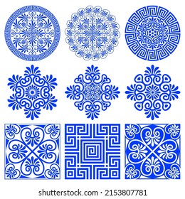 Collection of vector round, square, rhomboid ornaments in traditional Greek style. Old mediterranean blue patterns isolated on white background. For the design of logo, plate, print on paper, textile