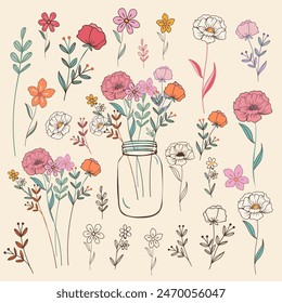 Collection of vector rustic bohemian flowers