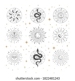 Collection of vector Sacred Sun and Moon logo design templates and elements, detailed decorative illustrations and icons for various ocasions and purposes. Trendy Line drawing, lineart style