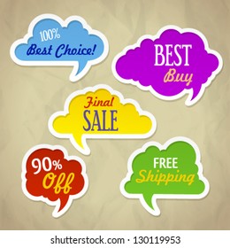 Collection of vector sale discount colored labels of crumpled paper clouds. Image contains transparency, 10 EPS