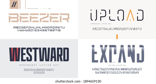 Collection of vector sans serif fonts, uppercase letter sets, alphabets.