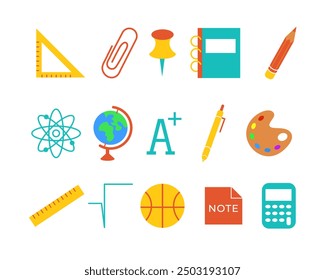 Collection of vector school illustrations: ball, ruler, notebook, book, palette, globe, calculator