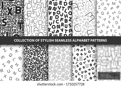 Colección de patrones de alfabeto sin fisuras vectoriales. Elegantes fondos blancos con letras latinas negras. Textiles monocromos de moda.