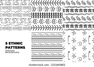 Collection of vector seamless backgrounds. African ethnic traditional patterns. Vector illustration. Boho textile swatch. Unique hand drawn tile. Perfect for kitenge, wrapping paper and african cloth.