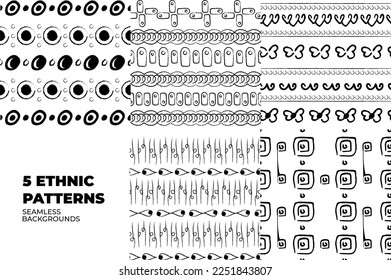 Collection of vector seamless backgrounds. African ethnic traditional patterns. Vector illustration. Boho textile swatch. Unique hand drawn tile. Perfect for kitenge, wrapping paper and african cloth.