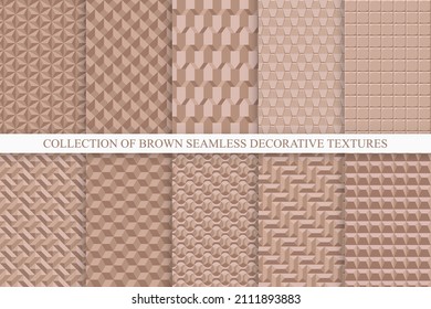 Colección de texturas decorativas de marrón sin costura vectorial. Fondos geométricos repetibles. Elegante mosaico interminables patrones 3d