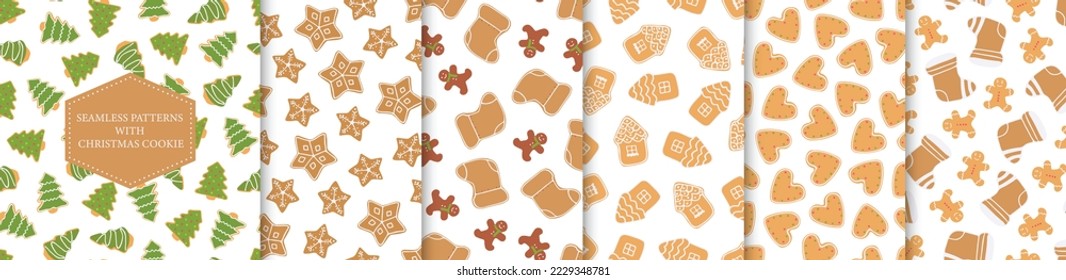 Collection of vector seamless cartoon pattern with christmas cookie. Repeatable new year holiday cute backgrounds. Trendy festive prints